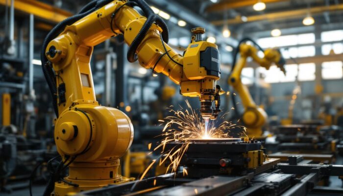 A photograph of a skilled welder operating a state-of-the-art industrial robotic arm in a dynamic workshop setting