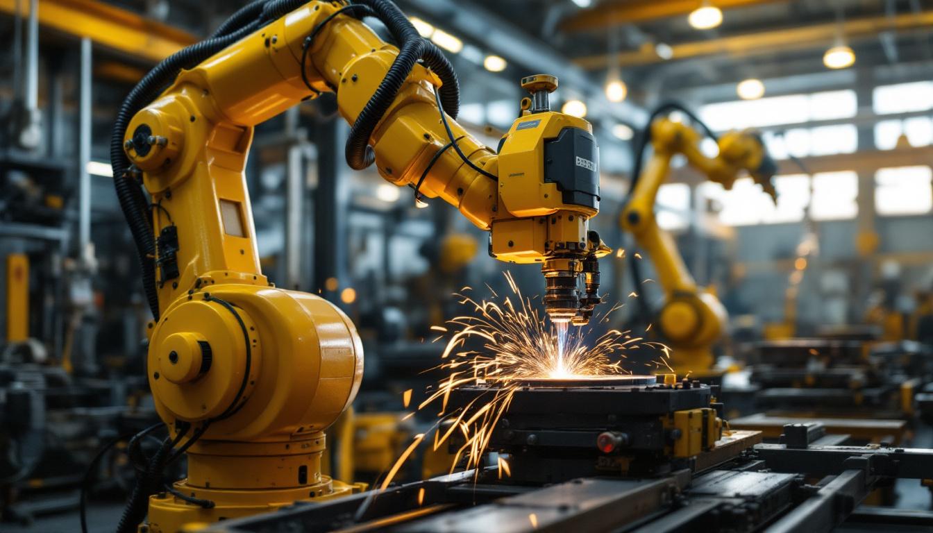 A photograph of a skilled welder operating a state-of-the-art industrial robotic arm in a dynamic workshop setting