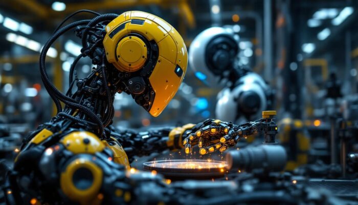 A photograph of a sleek industrial robot in action