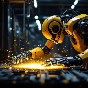 A photograph of a sophisticated industrial robot in action