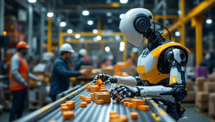A photograph of a modern industrial robot in action