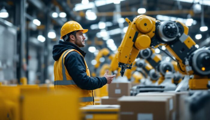 A photograph of a warehouse environment showcasing a warehouse lead overseeing industrial robots in action
