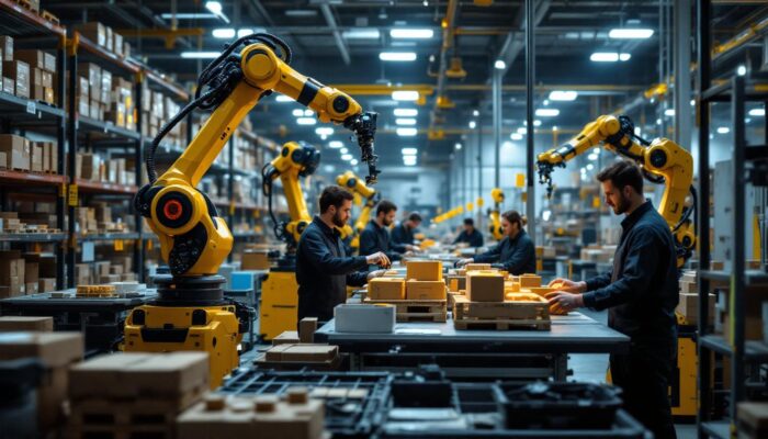 A photograph of a bustling warehouse environment showcasing advanced industrial robots in action