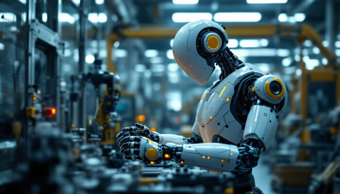 A photograph of a sleek industrial robot in action within a manufacturing environment