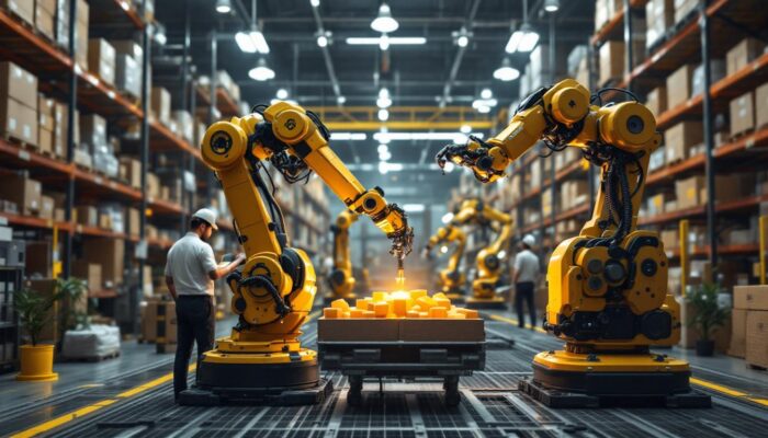A photograph of a modern warehouse environment showcasing various industrial robots in action