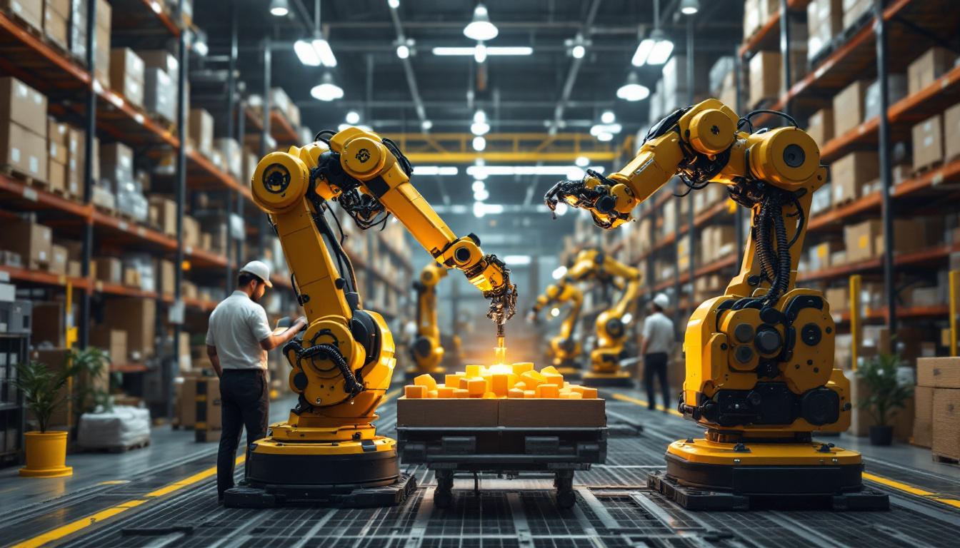 A photograph of a modern warehouse environment showcasing various industrial robots in action