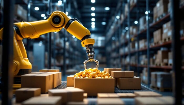 A photograph of a robotic arm in action as it efficiently selects and picks items from a warehouse shelf