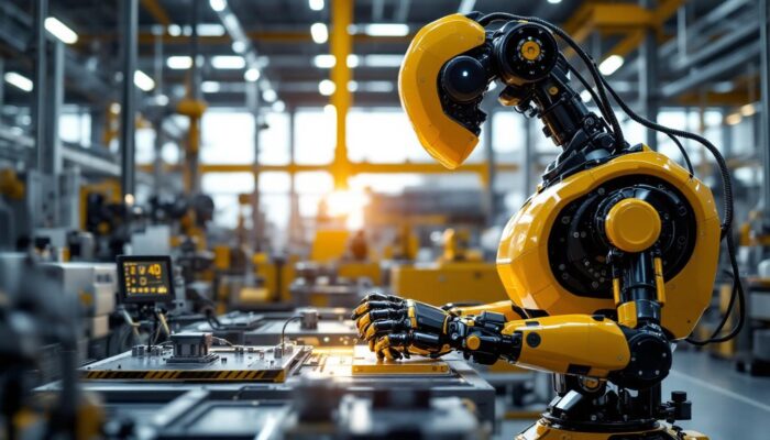 A photograph of a sleek industrial robot in action within a modern warehouse setting