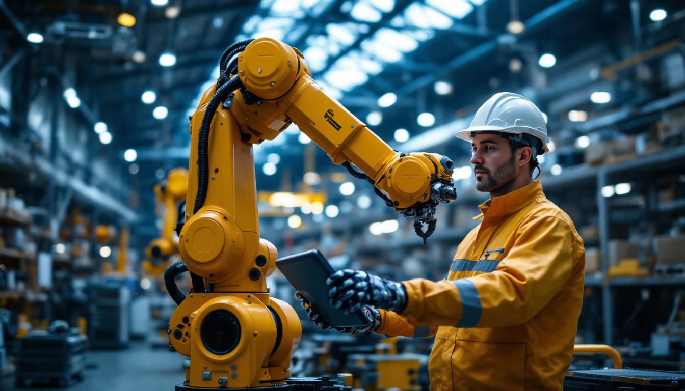 A photograph of a skilled technician demonstrating an industrial robotic arm in action within a busy warehouse environment