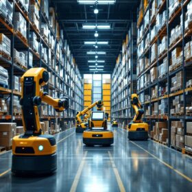 A photograph of a busy warehouse environment showcasing advanced picking robots in action