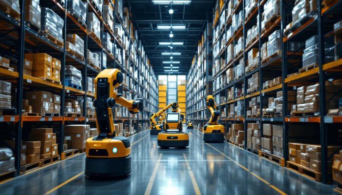 A photograph of a busy warehouse environment showcasing advanced picking robots in action