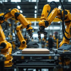 A photograph of a carhartt-branded industrial workspace featuring advanced robotic equipment in action