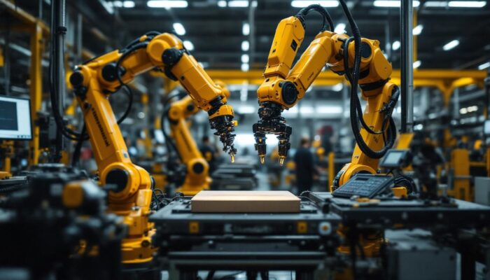 A photograph of a carhartt-branded industrial workspace featuring advanced robotic equipment in action