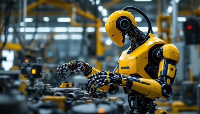 A photograph of a sleek industrial robot in action within a modern manufacturing environment