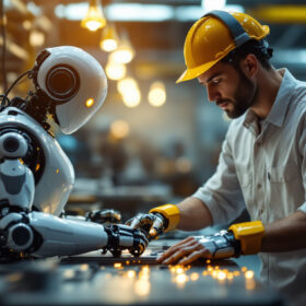 A photograph of a collaborative robot (cobot) working alongside a human in an industrial setting