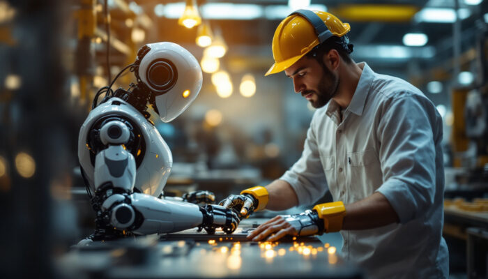 A photograph of a collaborative robot (cobot) working alongside a human in an industrial setting