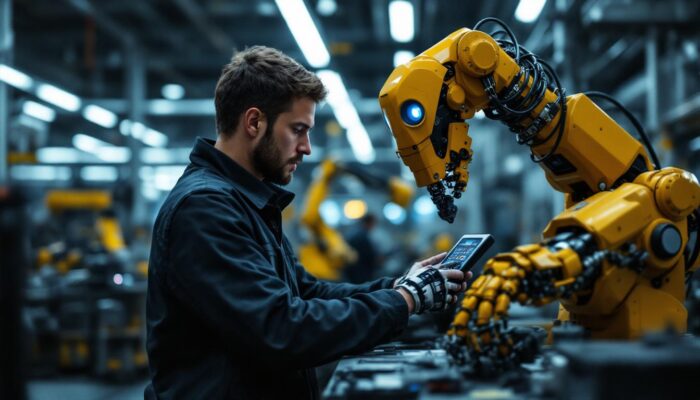 A photograph of capture a photograph of a skilled technician programming or operating an industrial robot in a modern manufacturing environment