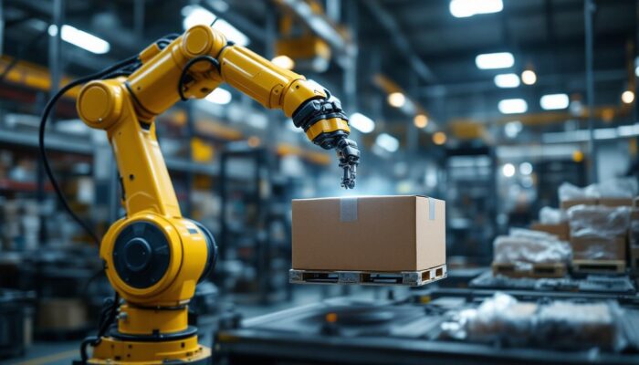 A photograph of a modern industrial robotic arm efficiently handling consumer packaged goods in a dynamic warehouse setting