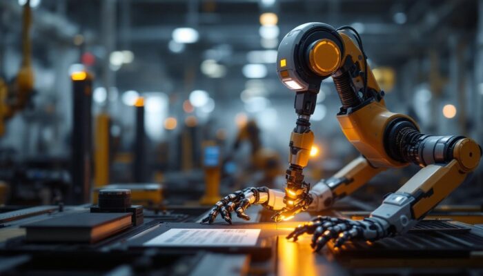 A photograph of a sleek industrial robot in action on a factory floor