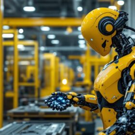 A photograph of a sleek industrial robot in action within a modern manufacturing facility