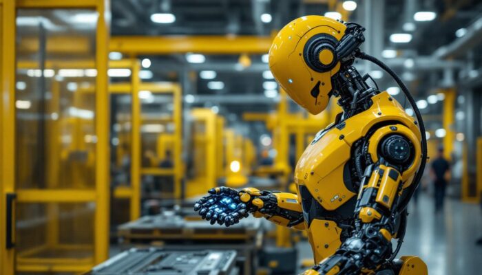 A photograph of a sleek industrial robot in action within a modern manufacturing facility