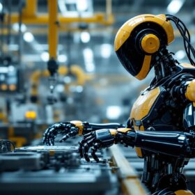 A photograph of a sleek industrial robot in action within a modern manufacturing environment