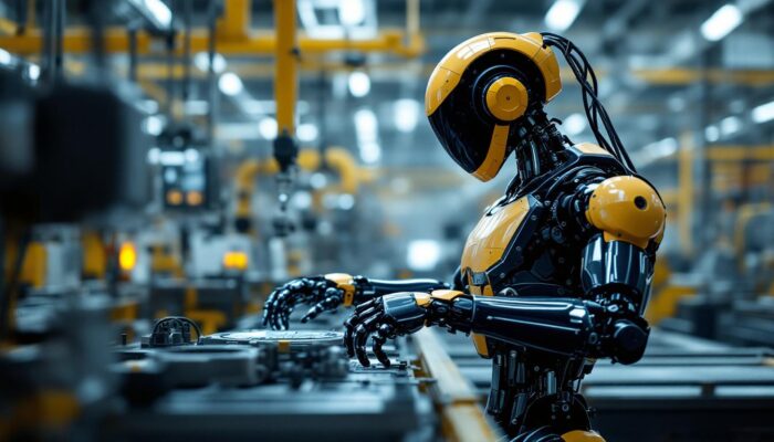 A photograph of a sleek industrial robot in action within a modern manufacturing environment