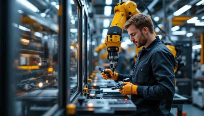 A photograph of a skilled technician operating an industrial robotic arm in a vibrant printing facility