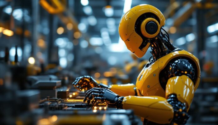 A photograph of a sleek industrial robot in action
