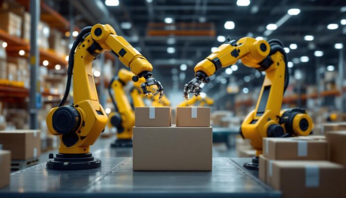 A photograph of a modern warehouse setting showcasing industrial robots efficiently handling consumer packaged goods