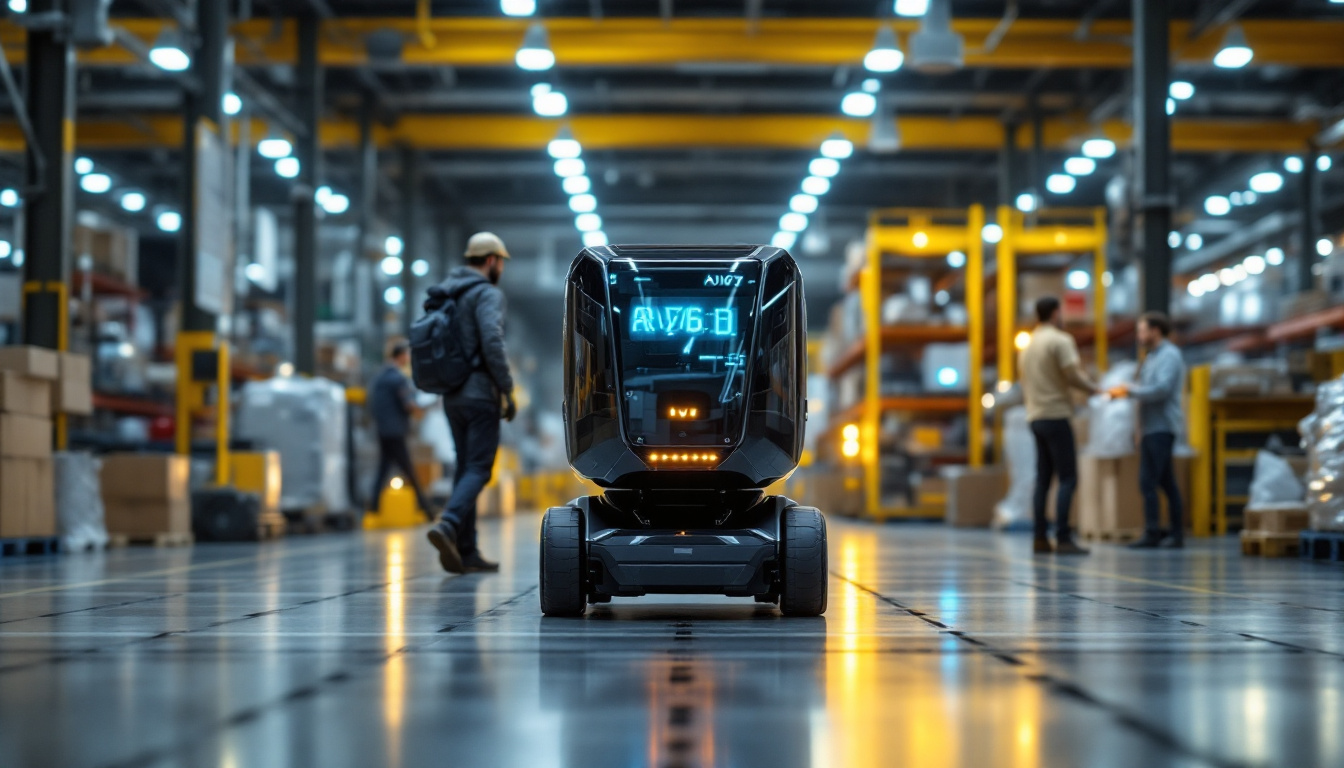 A photograph of a sleek agv (automated guided vehicle) robot navigating through a busy industrial warehouse
