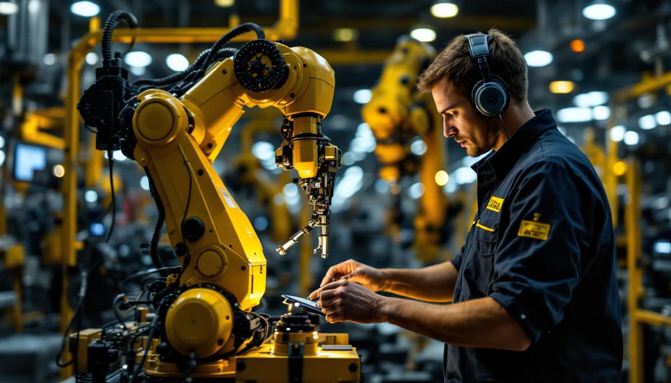 A photograph of a skilled technician programming an industrial robot in a modern manufacturing environment