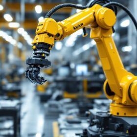 A photograph of a kuka robotic arm in action within an industrial setting