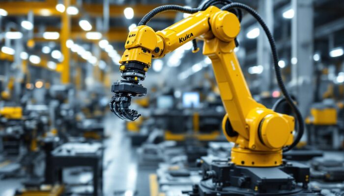 A photograph of a kuka robotic arm in action within an industrial setting