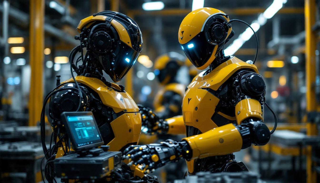 A photograph of a tesla optimus robot in an industrial setting
