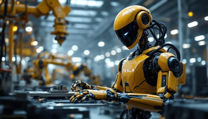 A photograph of a sleek tesla robot in an industrial setting