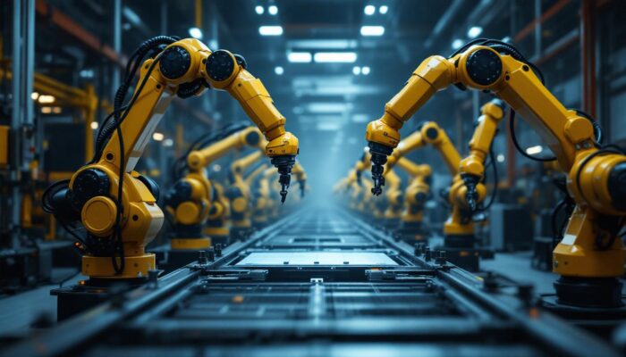 A photograph of a dynamic industrial setting showcasing a variety of advanced robotic arms and automated machinery in action