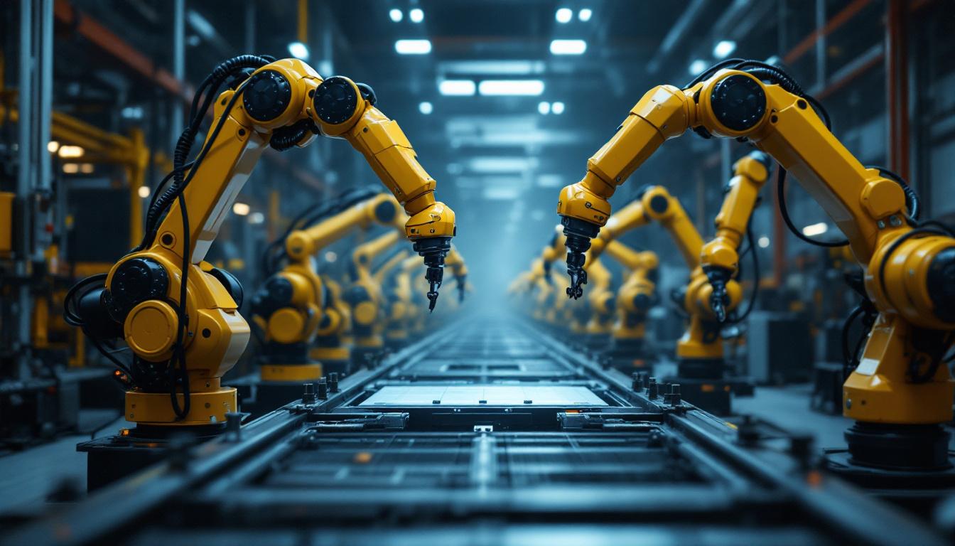 A photograph of a dynamic industrial setting showcasing a variety of advanced robotic arms and automated machinery in action