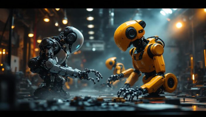 A photograph of a dynamic scene showcasing industrial robots in action on a film set