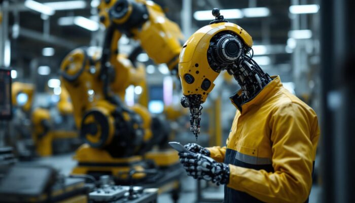 A photograph of a skilled technician programming an industrial robot in a modern factory setting