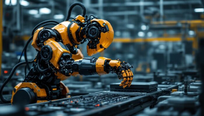 A photograph of a dynamic industrial robot in action within a manufacturing setting