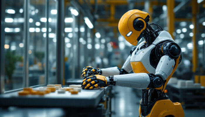A photograph of a sleek industrial robot in action within a modern manufacturing environment