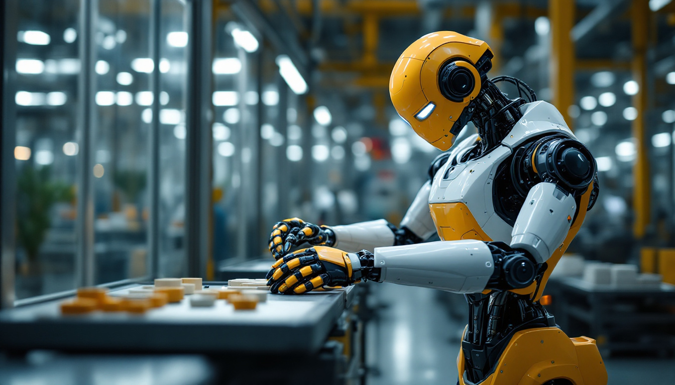 A photograph of a sleek industrial robot in action within a modern manufacturing environment