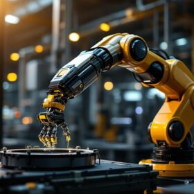 A photograph of a sleek and modern industrial robotic arm in action