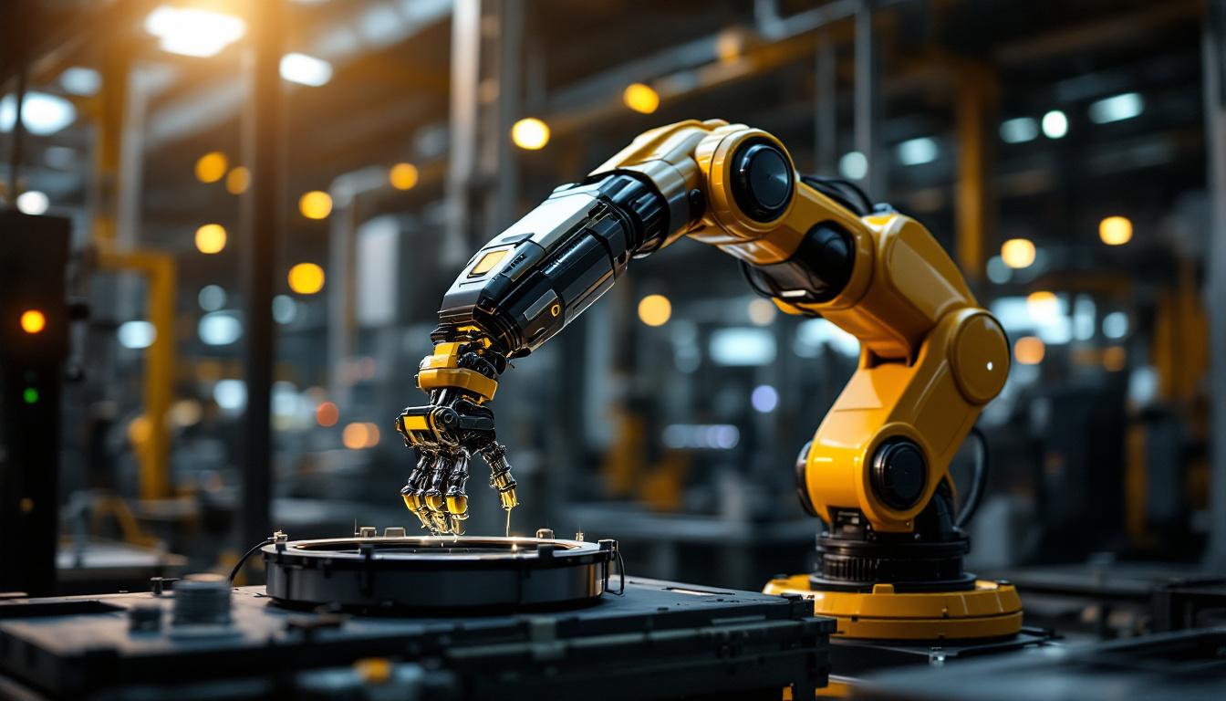 A photograph of a sleek and modern industrial robotic arm in action