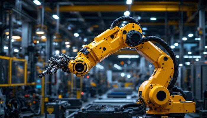 A photograph of a dynamic industrial robotic arm in action