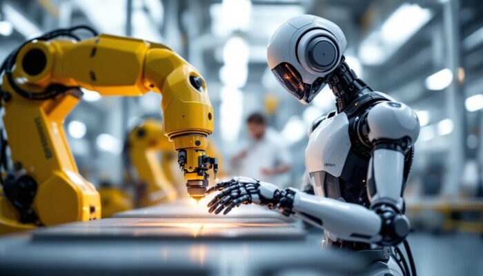 A photograph of a sleek ubtech industrial robot in action within a modern manufacturing environment
