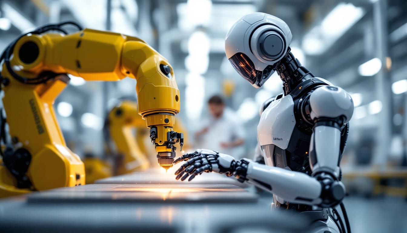 A photograph of a sleek ubtech industrial robot in action within a modern manufacturing environment