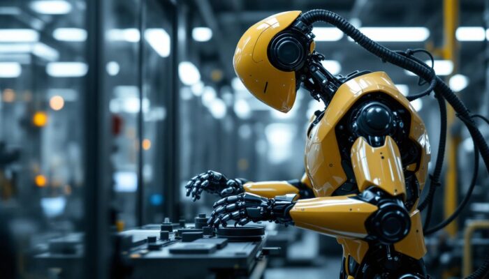 A photograph of a sleek industrial robot in action within a manufacturing environment