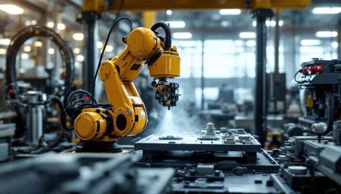 A photograph of a gantry robot in action within an industrial setting